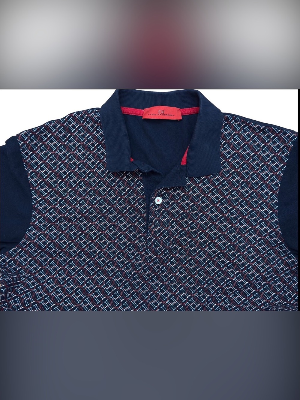 CH Carolina Herrera Men's Polo Shirt Navy Blue Monogram Logo Pattern Size M